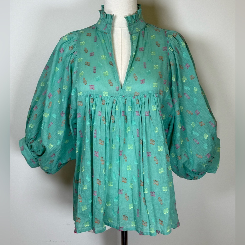 Never A Wallflower Ruffled High Neck 100% Cotton Puff Sleeves Blouse Size Small